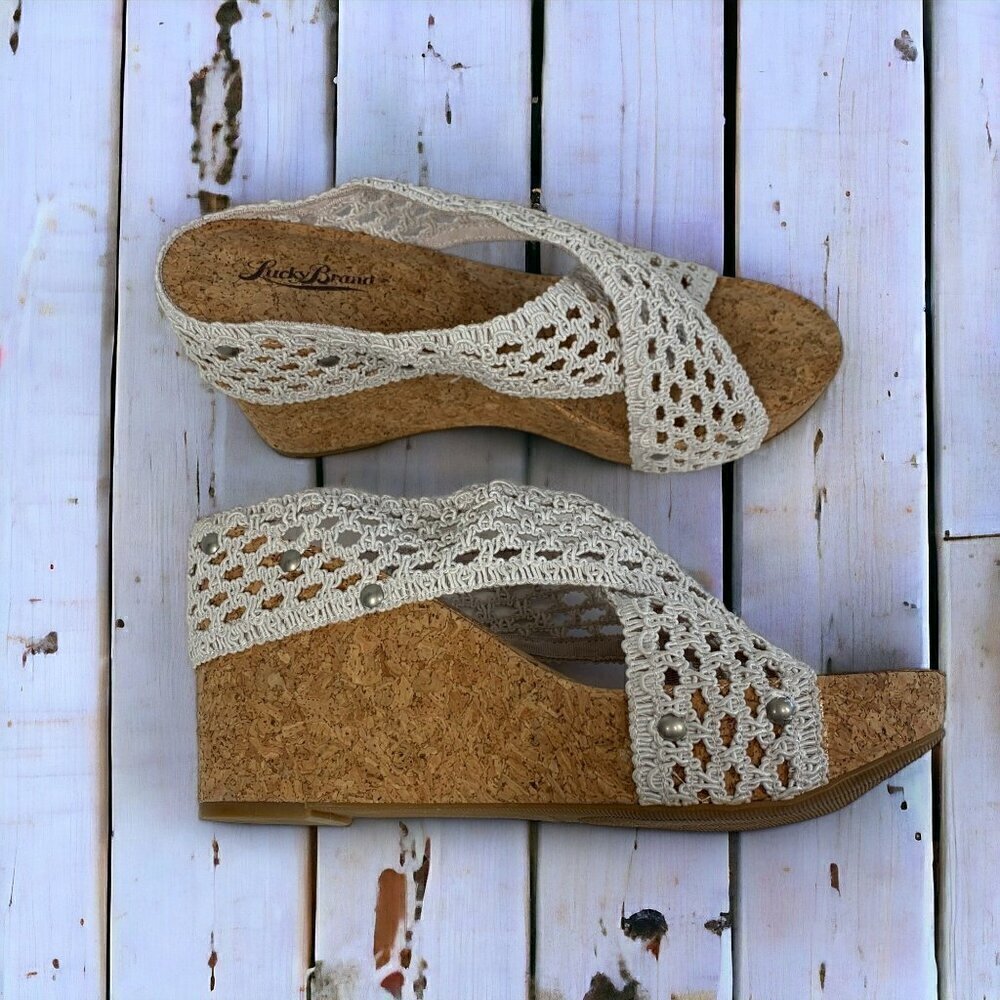 Lucky Brand Miller II Crochet Lace Wedges White Fabric Cork Platform Size 10